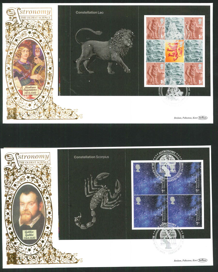 2002 -Astronomy P S B set of 4 FDC Benham 22ct Gold 500 different Postmark