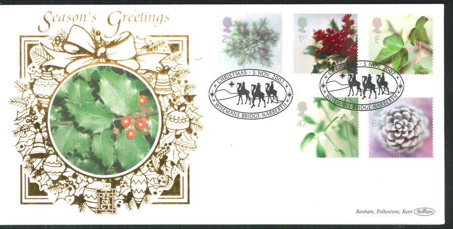 2002 -Christmas FDC Benham 22ct Gold 500 Wisemans Bridge Postmark