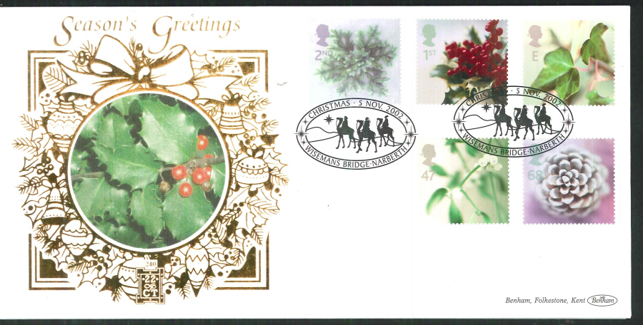 2002 -Christmas FDC Benham 22ct Gold 500 Wisemans Bridge Postmark - Click Image to Close