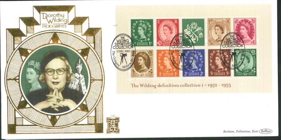 2002 -Wilding No1 Mini Sheet FDC Benham 22ct Gold 500 Milson St ,Bath Postmark