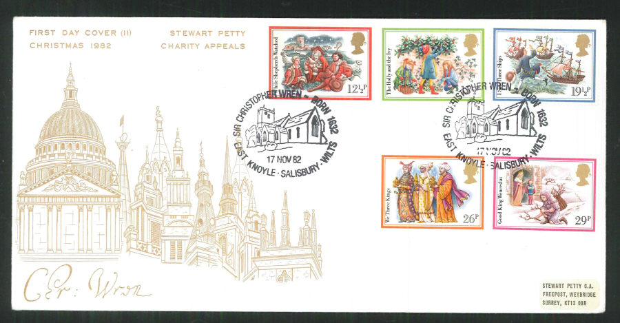 1982 - Christmas Charity Appeals First Day Cover -Christopher Wren ,East Knoyle Salisbury Postmark