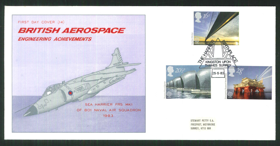 1983 - Engineering Achievements Stewart Petty FDC - Harrier Kingston upon Thames Postmark