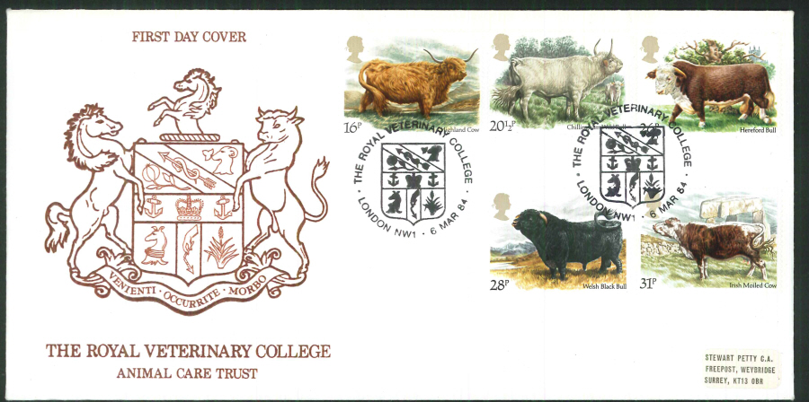 1984 - Cattle Stewart Petty FDC - Royal Veterinary College London NW1Postmark