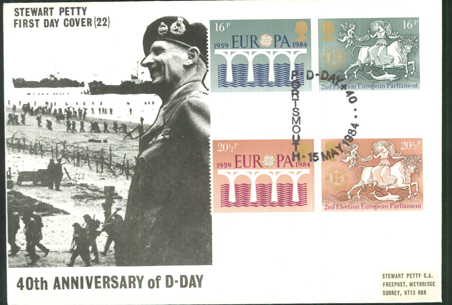 1984 - Europa Stewart Petty FDC - Portsmouth D - Day + 40, Postmark