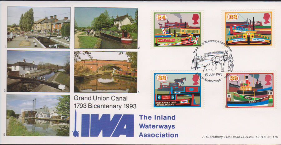 1993 - Bradbury Inland Waterways First Day Cover - Inland Waterways Assn,Market Harborough Postmark - Click Image to Close