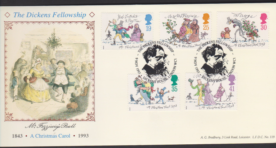 1993 Bradbury Christmas First Day Cover - The Dickens Fellowship London W C 1 Postmarks - Click Image to Close