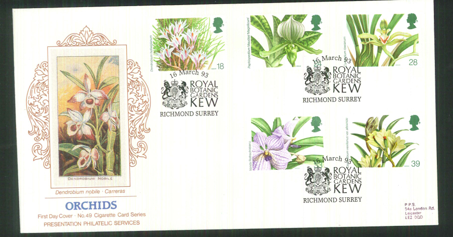 1993 - Orchids First Day PPS Silk Cover -Kew Postmark
