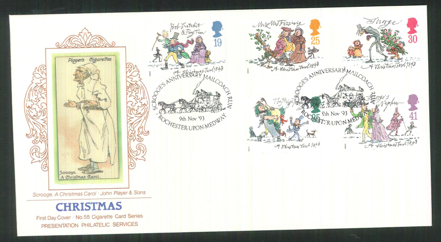 1993 Christmas First Day Cover - PPS Silk Scrooge , Rochester Postmarks