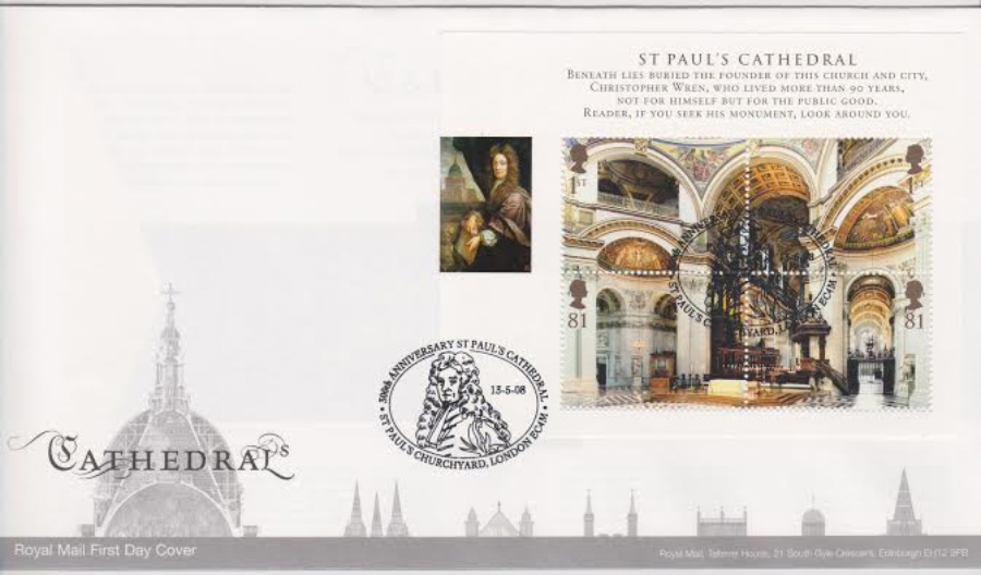 2008 - Cathedrals Mini Sheet FDC - St Pauls Churchyard London EC4M Postmark - Click Image to Close
