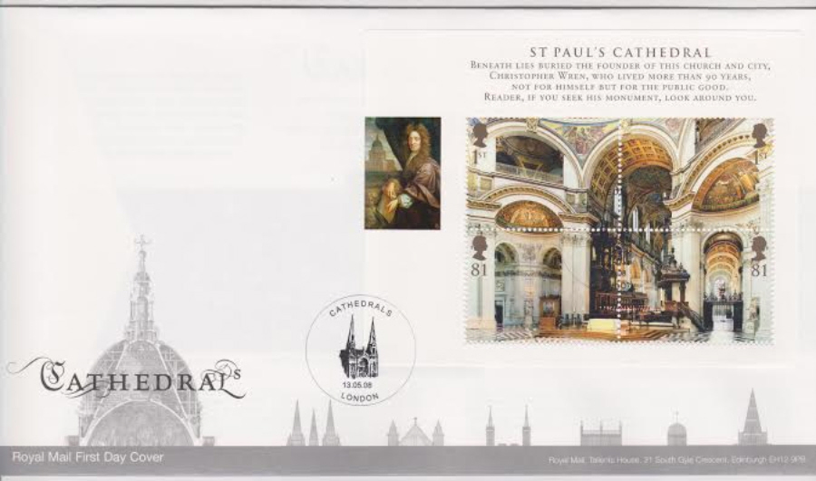 2008 - Cathedrals Mini Sheet FDC -Cathedrals London Postmark