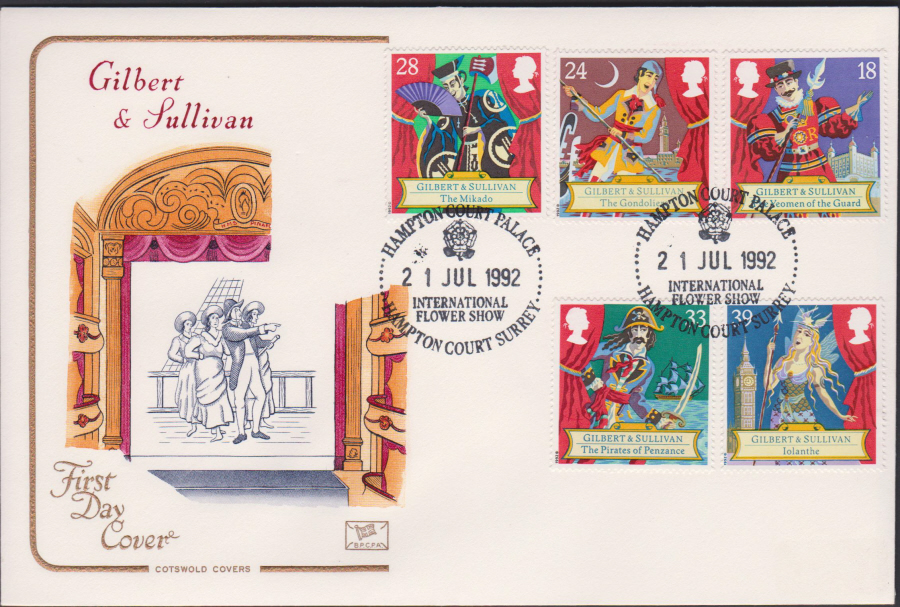 1992 - Gilbert & Sullivan First Day Cover COTSWOLD -International Flower Show Hampton Court Postmark - Click Image to Close