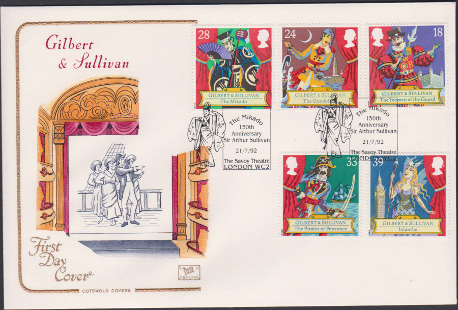 1992 - Gilbert & Sullivan First Day Cover COTSWOLD -Savoy Theatre London Postmark