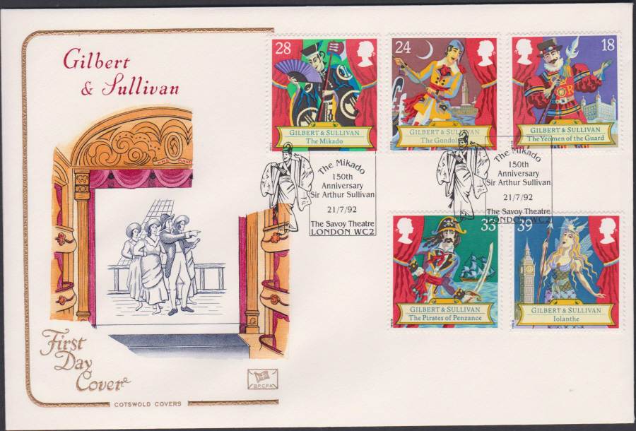 1992 - Gilbert & Sullivan First Day Cover COTSWOLD -Savoy Theatre London Postmark