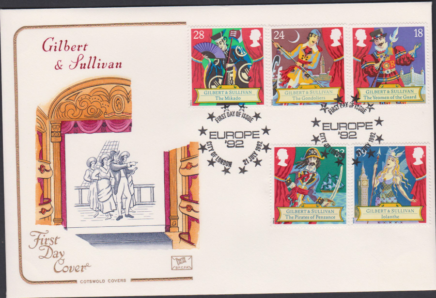 1992 - Gilbert & Sullivan First Day Cover COTSWOLD -Europe 92 City of London Postmark - Click Image to Close