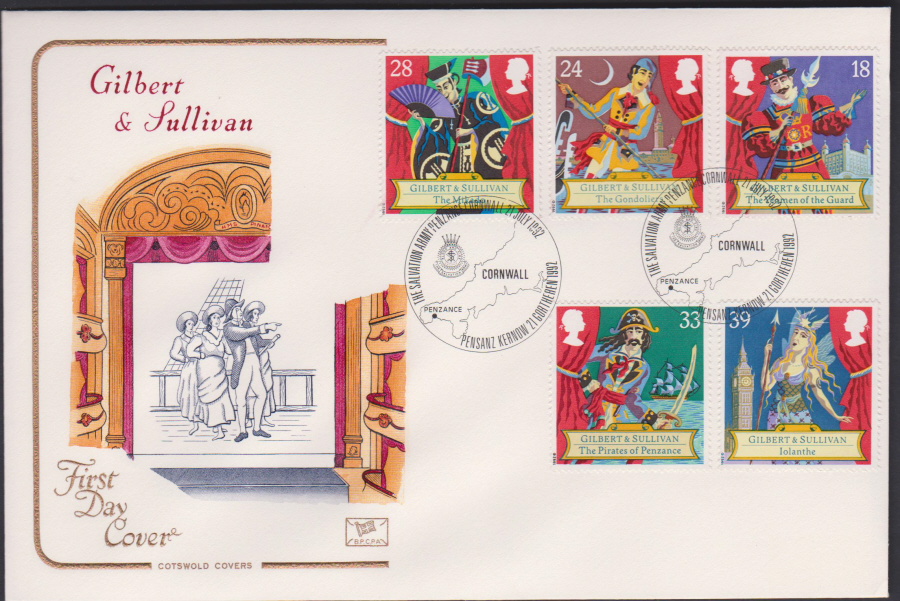 1992 - Gilbert & Sullivan First Day Cover COTSWOLD -Salvation Army, Penzance Postmark - Click Image to Close