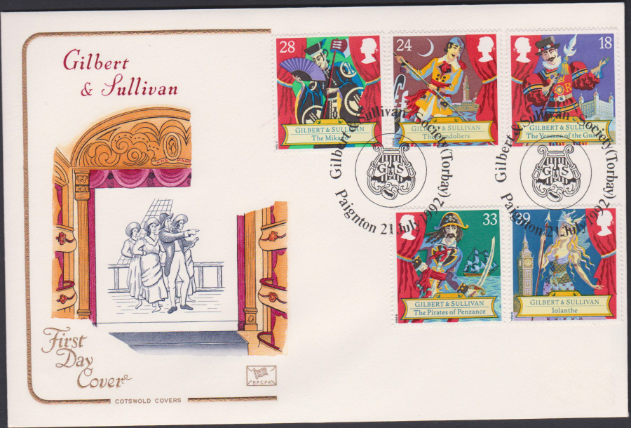 1992 - Gilbert & Sullivan First Day Cover COTSWOLD -G & S Society Paignton Postmark - Click Image to Close
