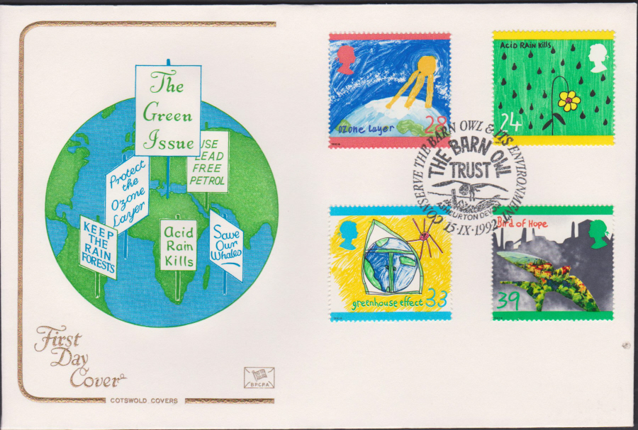 1992 - Green Issue First Day Cover COTSWOLD - Barn Owl Trust Ashburton,Devon Postmark