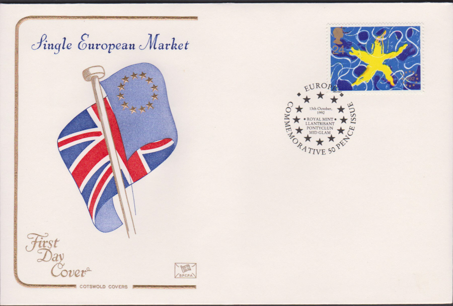 1992 - Single European Market First Day Cover COTSWOLD - Royal Mint 50p Pontyclun Postmark