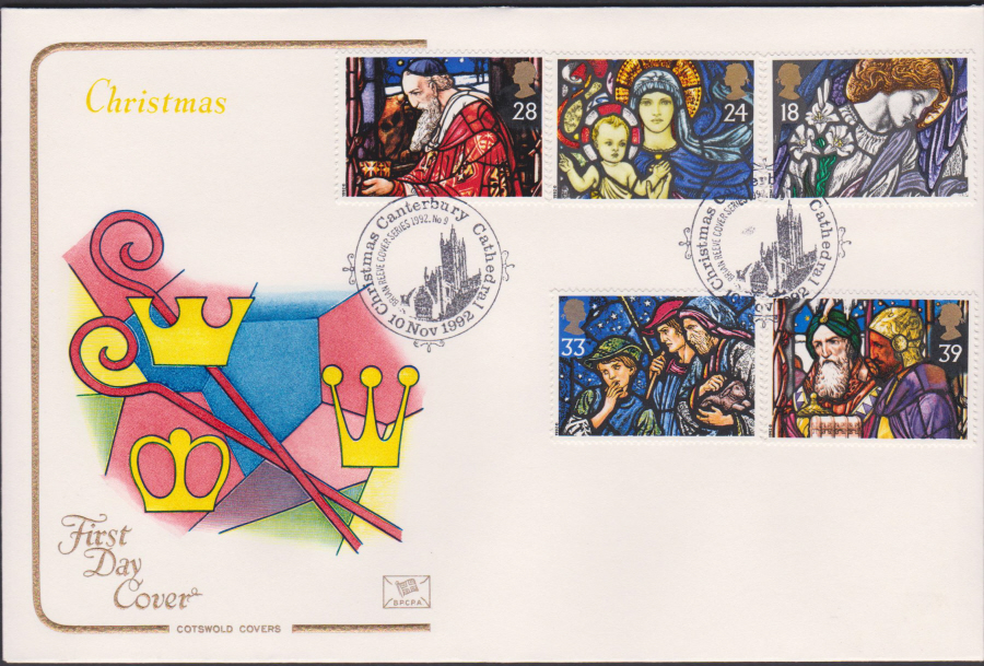 1992 - Christmas Set First Day Cover COTSWOLD - Canterbury Cathedral Postmark - Click Image to Close