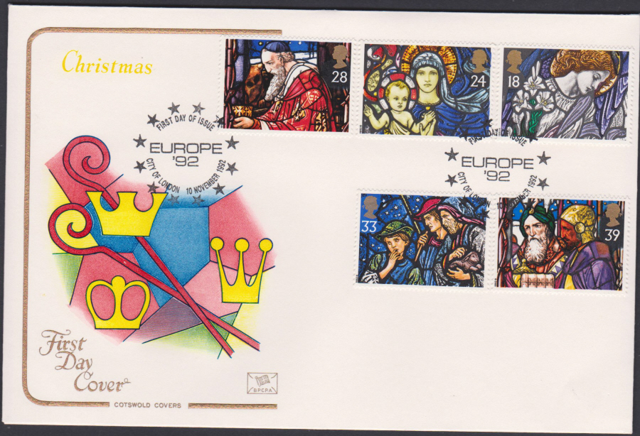 1992 - Christmas Set First Day Cover COTSWOLD - Europe 92 Postmark - Click Image to Close