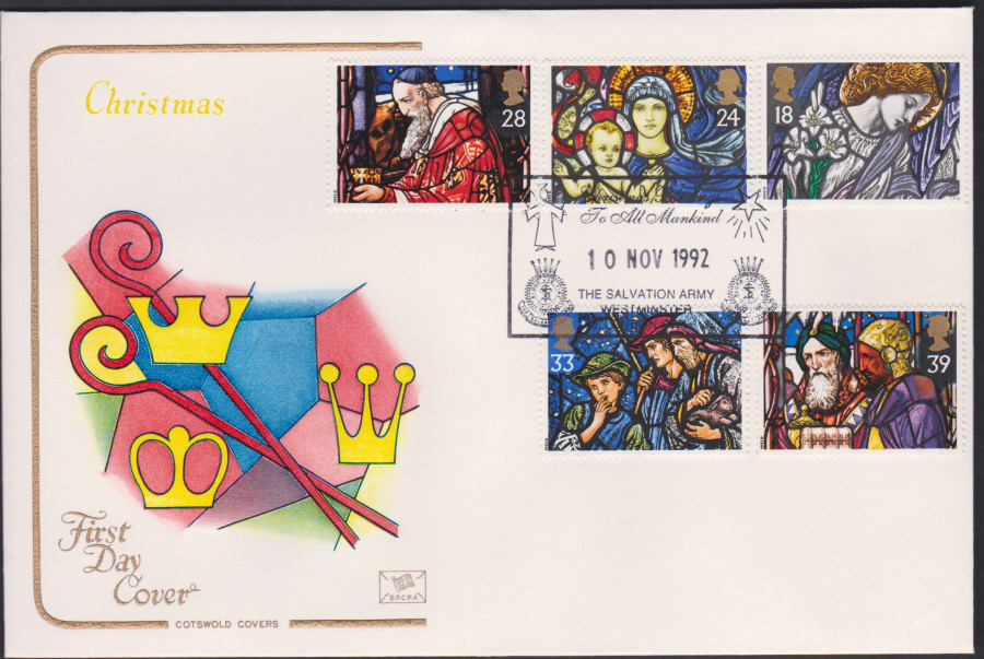 1992 - Christmas Set First Day Cover COTSWOLD - Salvation Army,Westminster Postmark - Click Image to Close