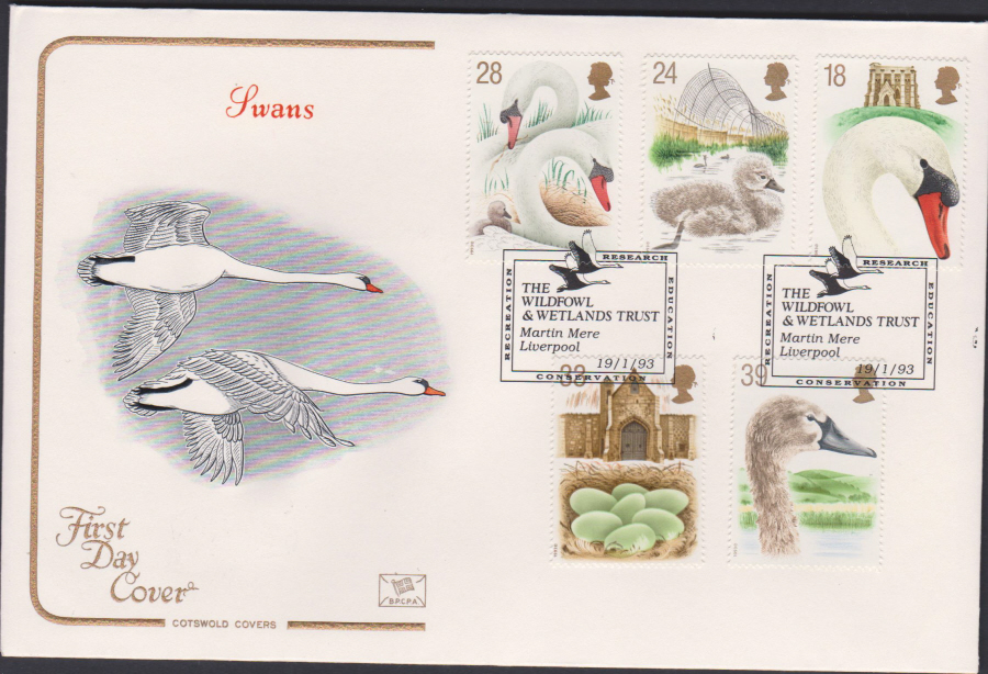 1993 - Swans First Day Cover COTSWOLD - Wildfowl Trust Martin Mere,Liverpool Postmark - Click Image to Close