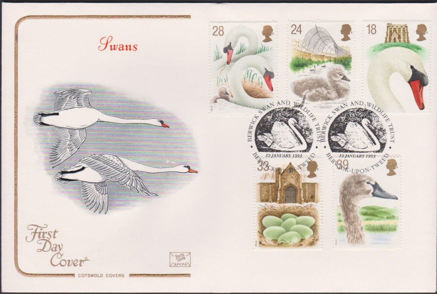 1993 - Swans First Day Cover COTSWOLD - Wildlife Trust, Berwick upon Tweed Postmark