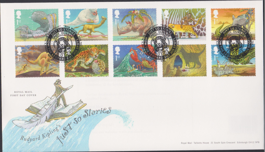 2002 -Kipling's Just So Stories Royal Mail FDC Spott, Dunbar Postmark - Click Image to Close