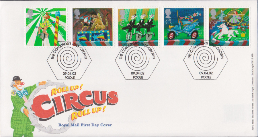 2002 -Circus Royal Mail FDC The Conjuror's Half-Crown Poole Postmark
