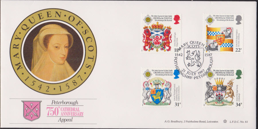 1987- Scottish Heraldry First Day Cover BRADBURY :- Fotheringhay,Peterboough Postmark