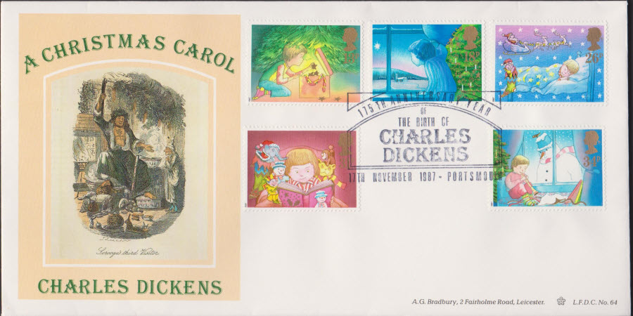 1987- Christmas First Day Cover BRADBURY OFFICIAL Charles Dickens,Portsmouth Postmark - Click Image to Close