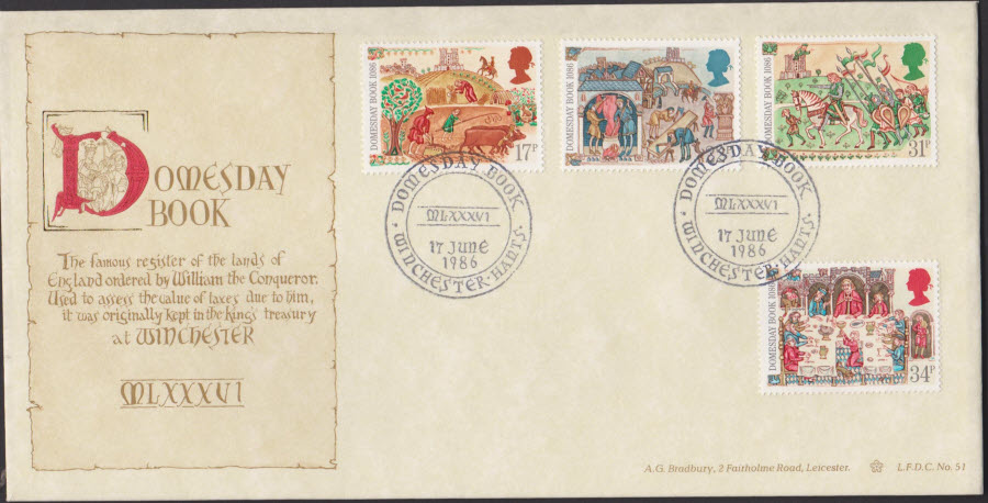 1986 - Medieval Life,BRADBURY OFFICIAL First Day Cover , Winchester Hants Postmark - Click Image to Close