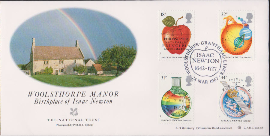 1987- Sir Isaac Newton First Day Cover BRADBURY OFFICIAL :-Woolsthorpe Grantham Lincs Postmark