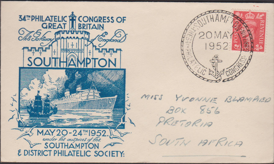 1952 34th Philatelic Congress G B Southampton Society Cover - Click Image to Close