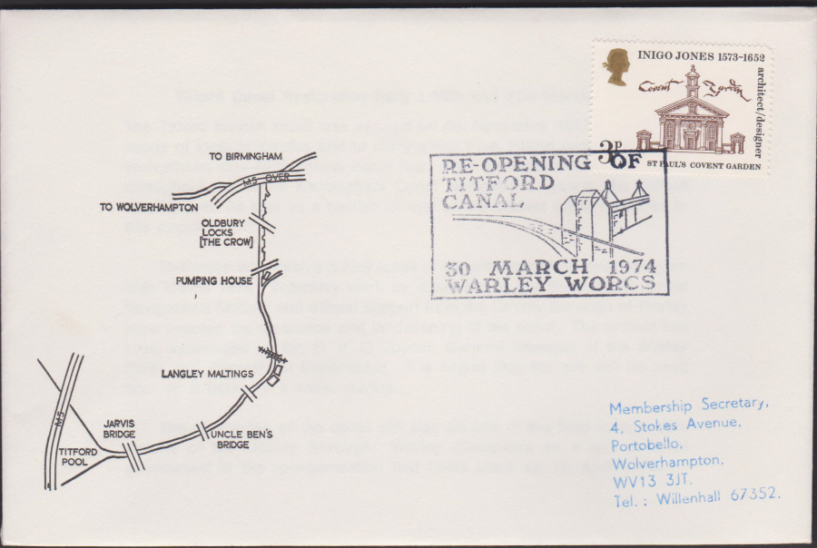 1974 Re-Opening of Titford Canal Cover Warley postmark