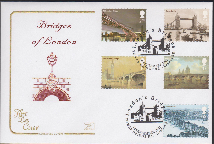 2002 -Bridges of London COTSWOLD FDC - Tower Bridge Road London SE1 Postmark