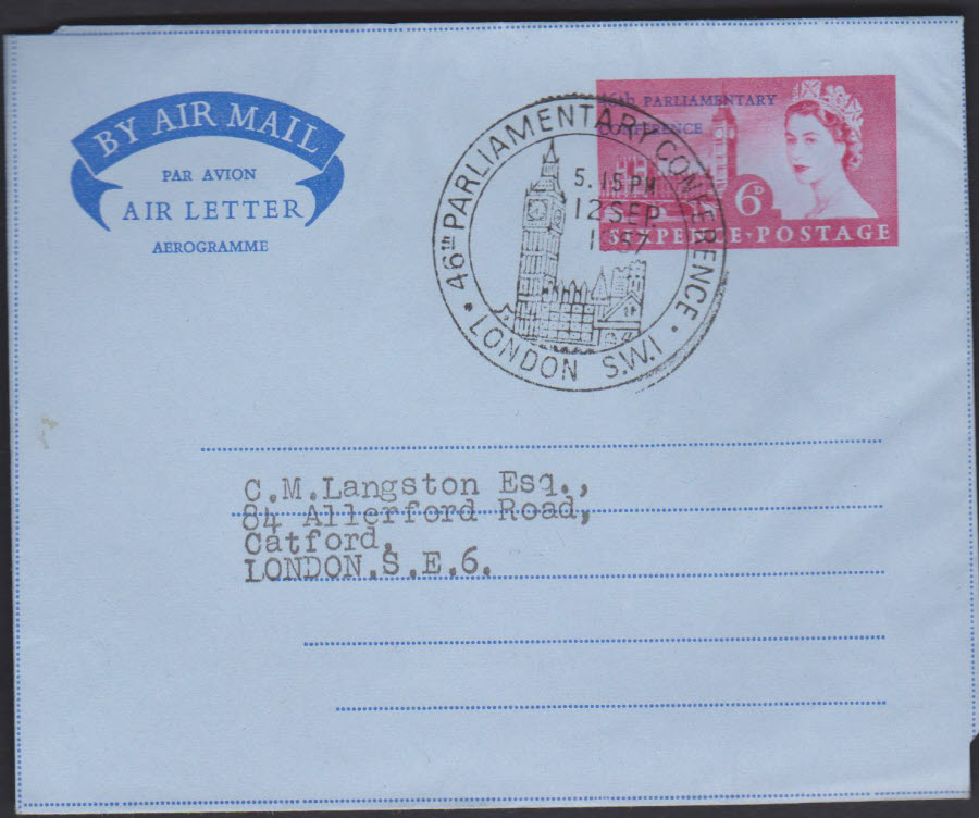 1957 -46th Parliamentary Conf Air Letter First Day Issue- London Postmark - Click Image to Close