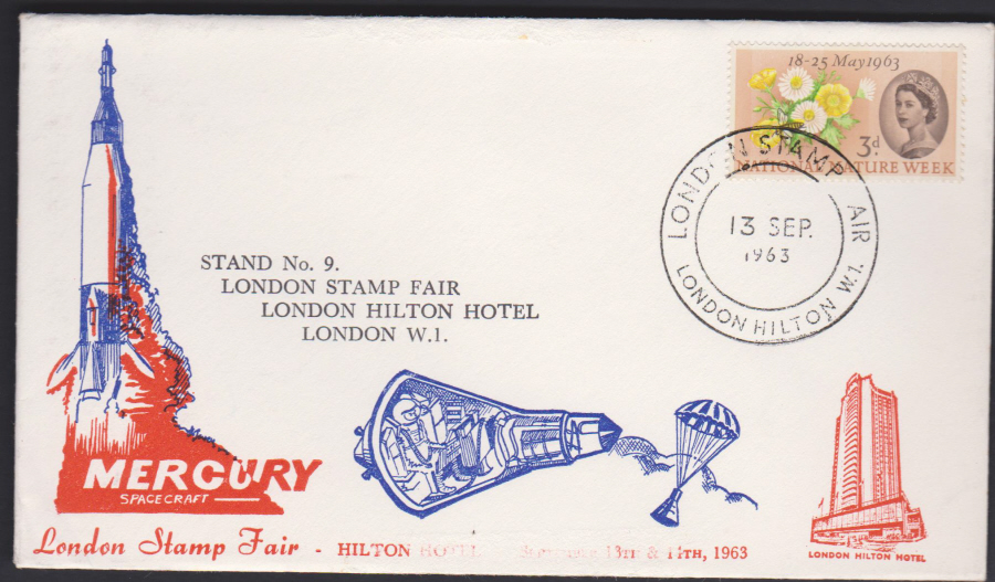 1963 London Stamp Fair Mercury Spacecraft Cover London Hilton Postmark