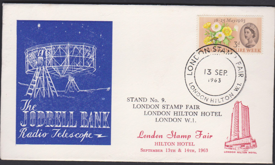 1963 London Stamp Fair Jodrell Bank Radio Telescope Cover London Hilton Postmark