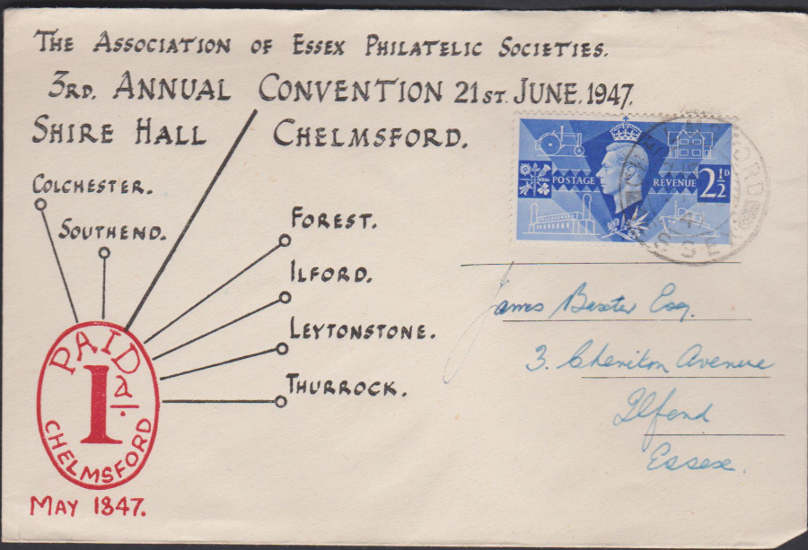 1947 Association of Essex Philatelic Societies Convention Cover Chelmsford - Click Image to Close