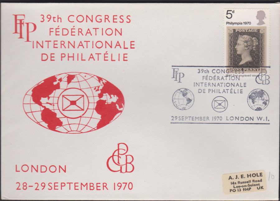 1970 FIP Federation Internationale De Philatelie 39th Congress London Wembley Cover 2nd Day