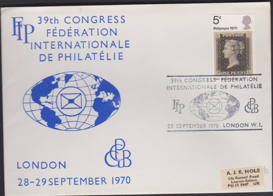1970 FIP Federation Internationale De Philatelie 39th Congress London Wembley Cover
