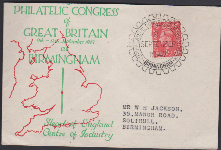 1947 29th. British Philatelic Congress Birmingham smaller size Cover