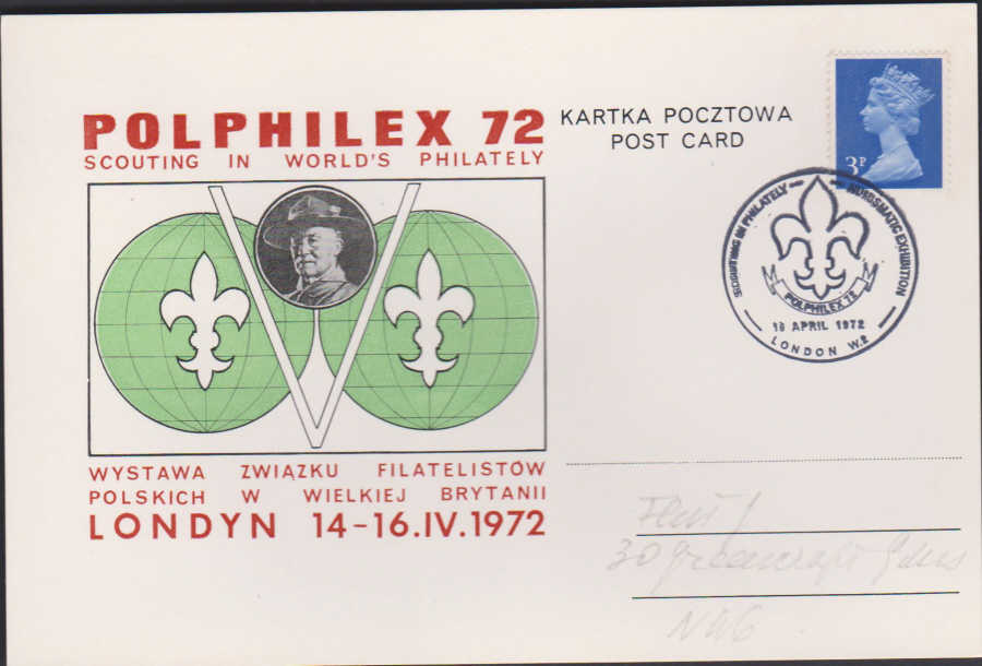 1972 Polphilex 72 Postcard Scouting in World's Philately Cover London W2 postmark