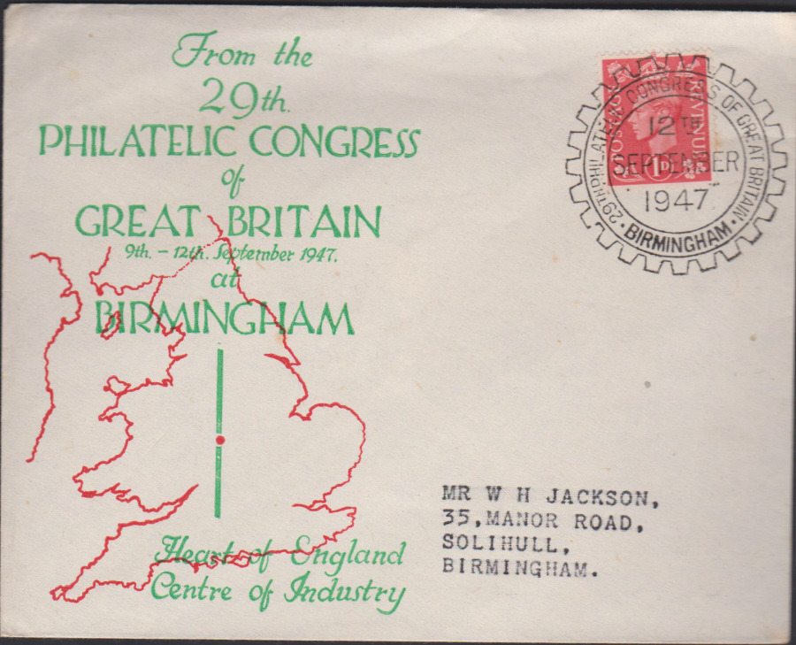 1947 29th. British Philatelic Congress Birmingham Cover