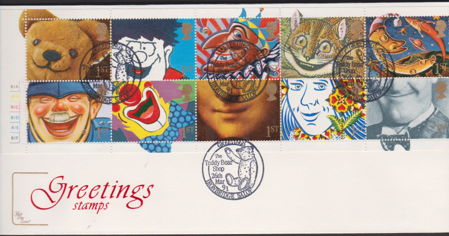 1991 - Cotswold FDC Greetings Stamps :-Teddy Bear Shop, Ironbridge Postmark - Click Image to Close