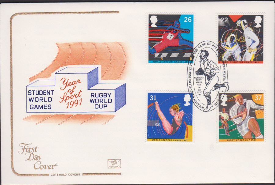 1991 - Cotswold FDC Sport Stamps :-Webb Ellis, Rugby Postmark - Click Image to Close