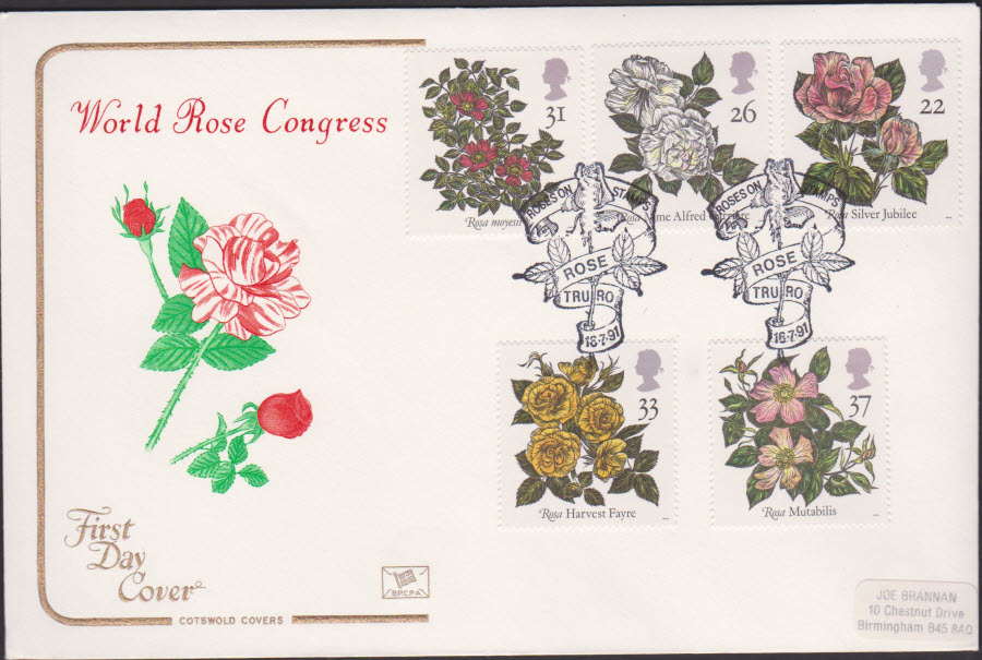 1991 - Cotswold FDC Roses :- Rose Truro Postmark - Click Image to Close