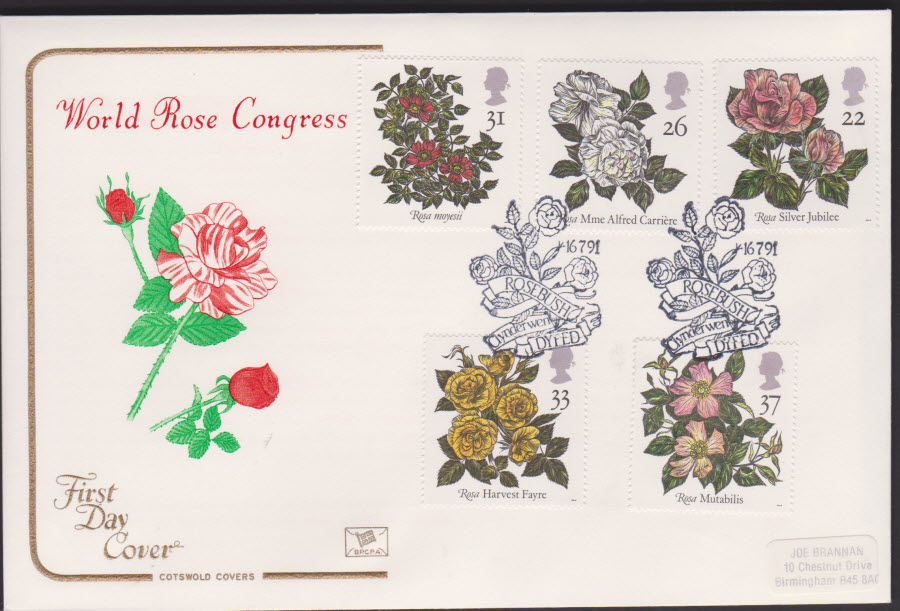 1991 - Cotswold FDC Roses :- Rosebush Cynderwen Postmark - Click Image to Close