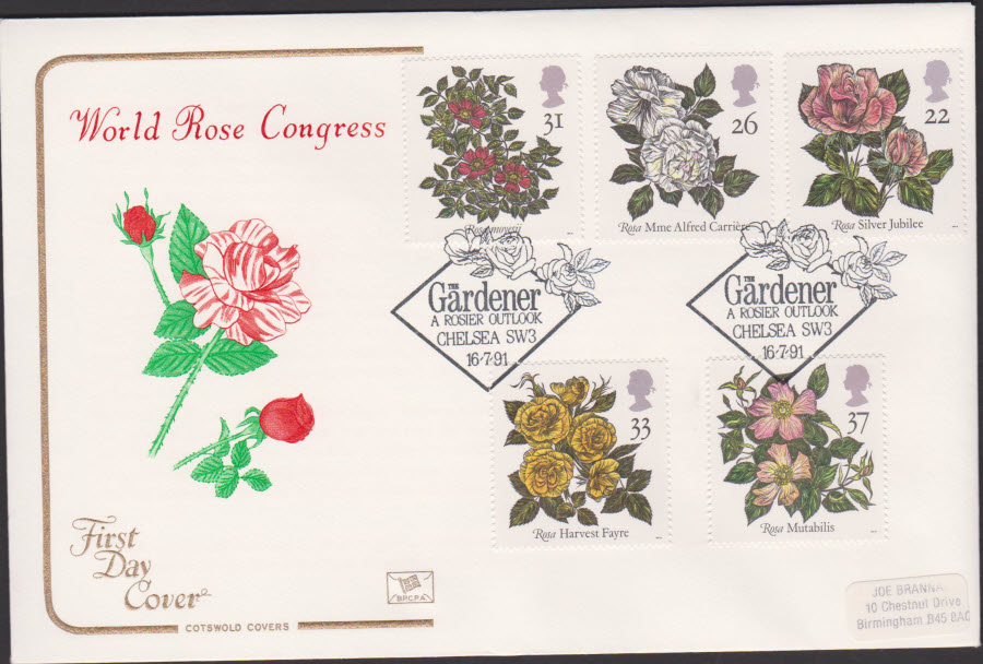 1991 - Cotswold FDC Roses :- The Gardener, Chelsea Postmark